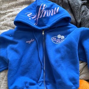 Mayfair Blue Zip-Up Hoodie with 'Playing With Fate' Graphic